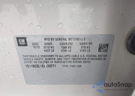 2014 Chevrolet Malibu 1Ls из США, поврежденный, VIN 1G11B5SL1EF139571